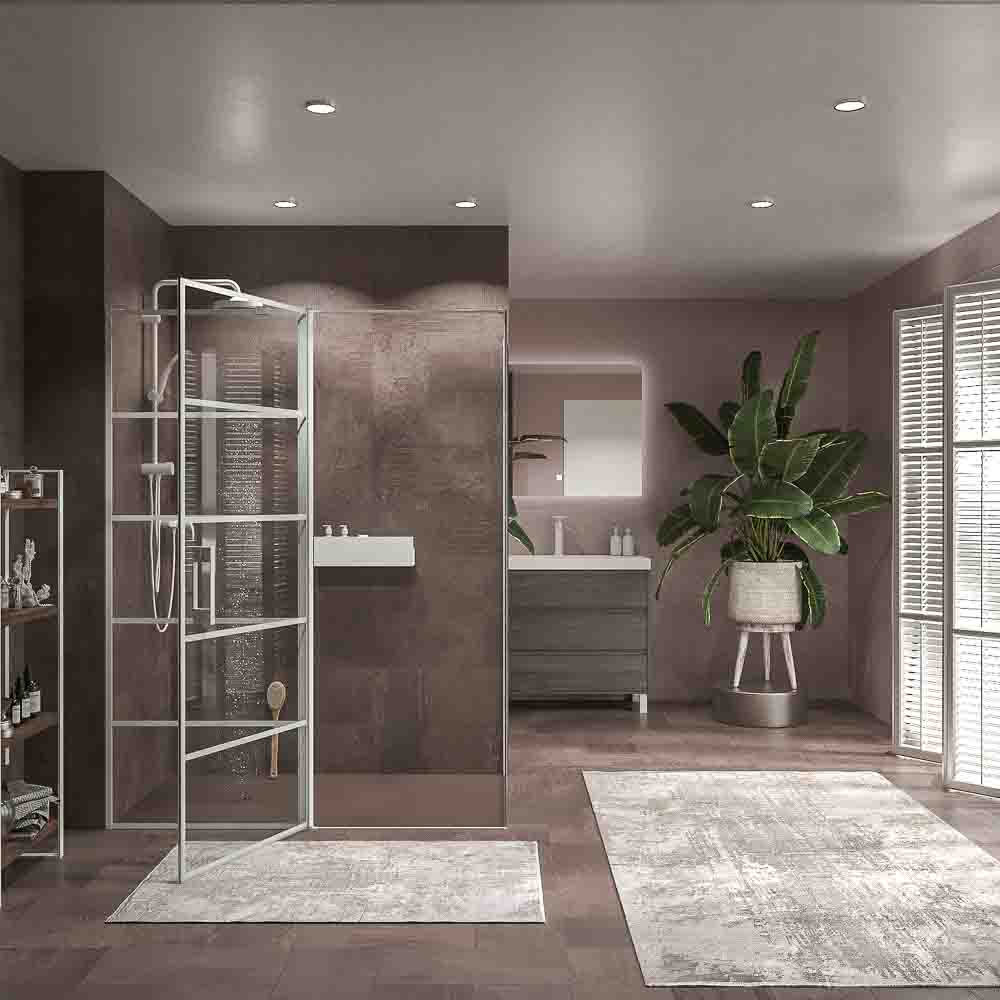 Mampara de ducha rectangular OPEN 2 fijos - 1 puerta abatible decorado industrial . BLANCO MATE - Imagen 2