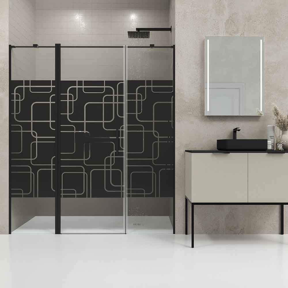 Mampara de ducha frontal OPEN 2 fijos - 1 puerta abatible serigrafiada. Acabado NEGRO MATE - Imagen 7