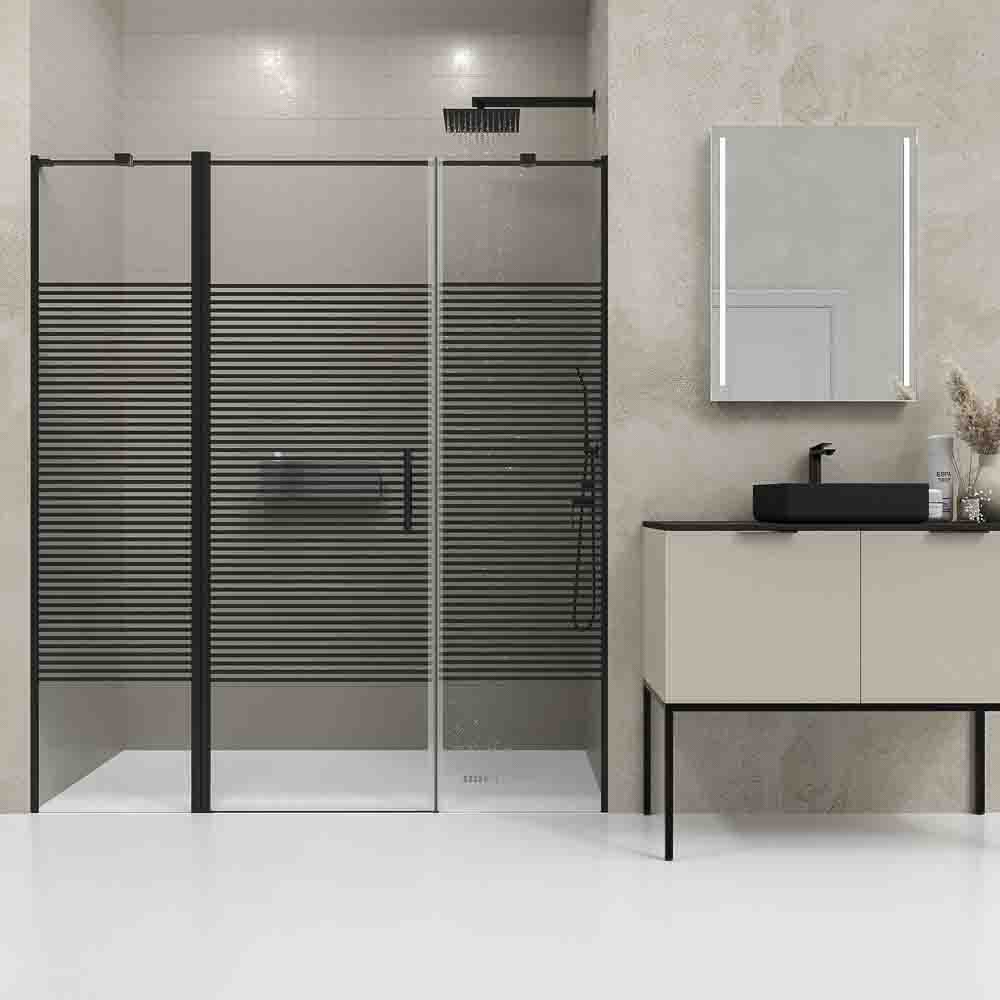 Mampara de ducha frontal OPEN 2 fijos - 1 puerta abatible serigrafiada. Acabado NEGRO MATE - Imagen 6