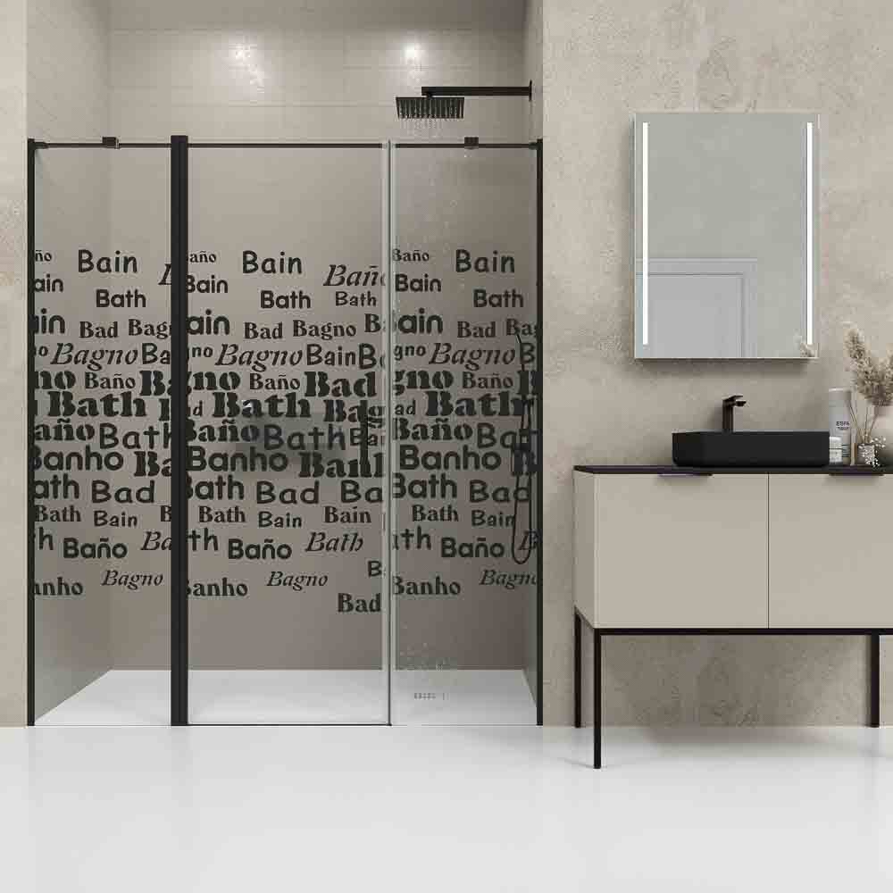 Mampara de ducha frontal OPEN 2 fijos - 1 puerta abatible serigrafiada. Acabado NEGRO MATE - Imagen 4