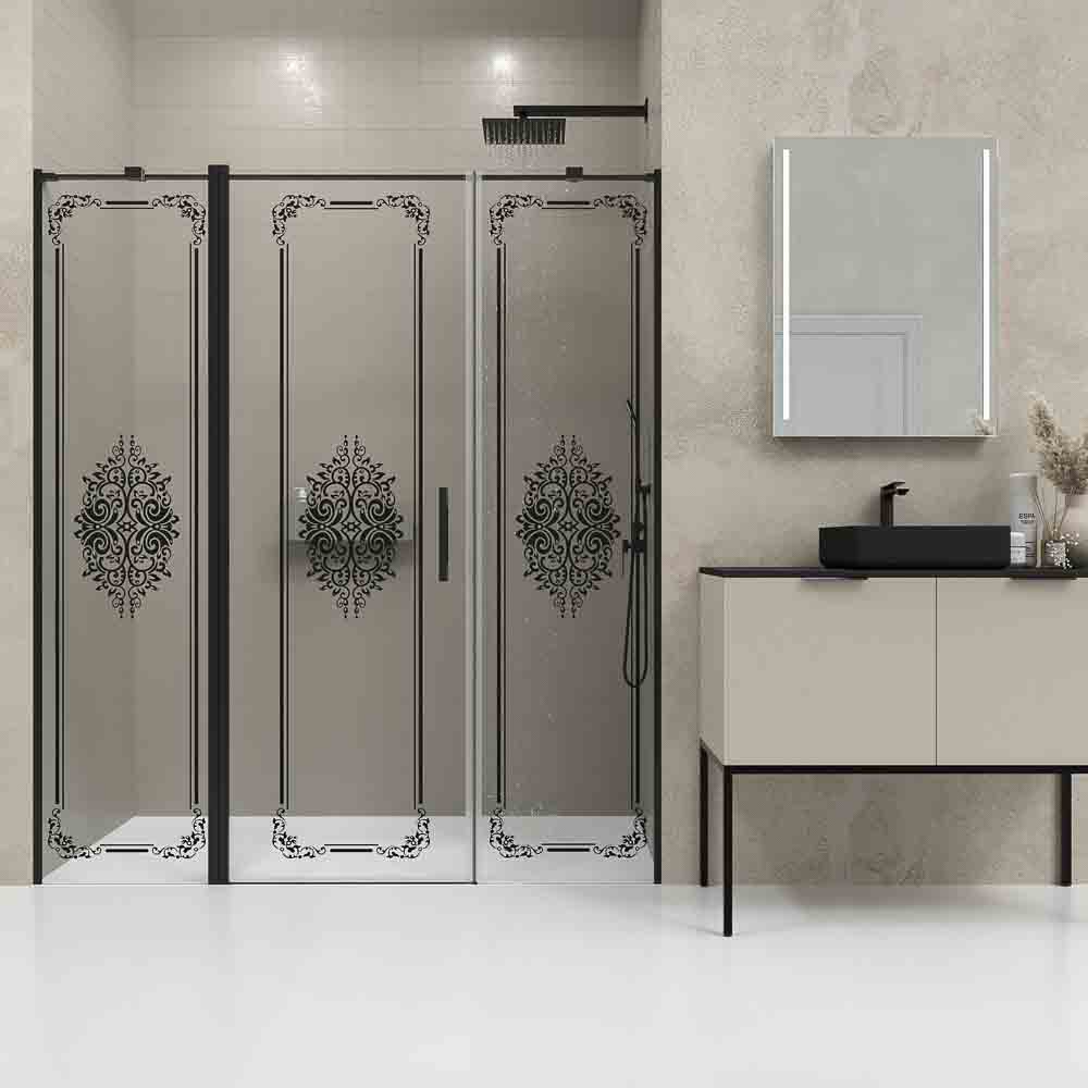 Mampara de ducha frontal OPEN 2 fijos - 1 puerta abatible serigrafiada. Acabado NEGRO MATE