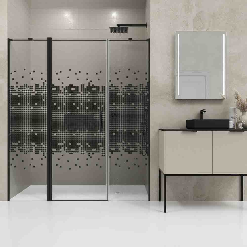 Mampara de ducha frontal OPEN 2 fijos - 1 puerta abatible serigrafiada. Acabado NEGRO MATE - Imagen 3