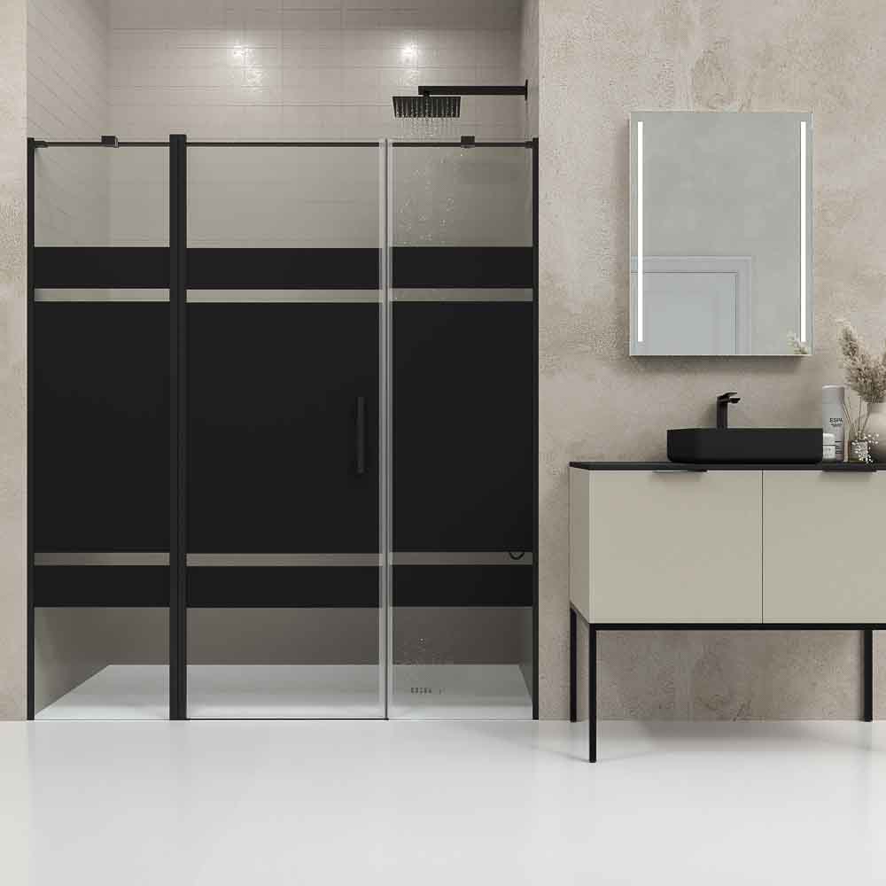 Mampara de ducha frontal OPEN 2 fijos - 1 puerta abatible serigrafiada. Acabado NEGRO MATE - Imagen 2