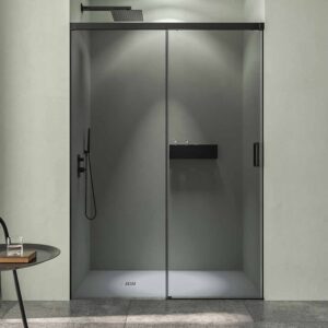 Mampara de ducha TECH STEEL frontal 1 fijo - 1 puerta corredera Parsol Gris - Acero Inoxidable NEGRO MATE