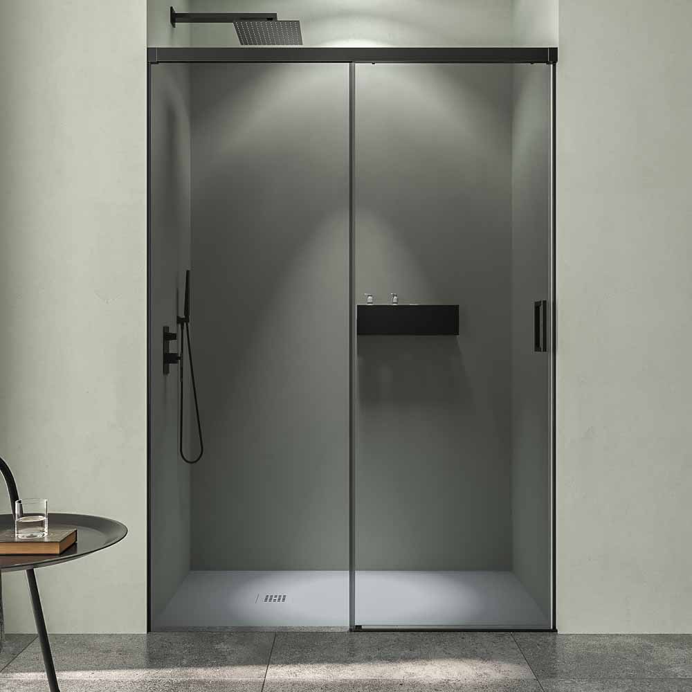 Mampara de ducha TECH STEEL frontal 1 fijo - 1 puerta corredera Parsol Gris - Acero Inoxidable NEGRO MATE