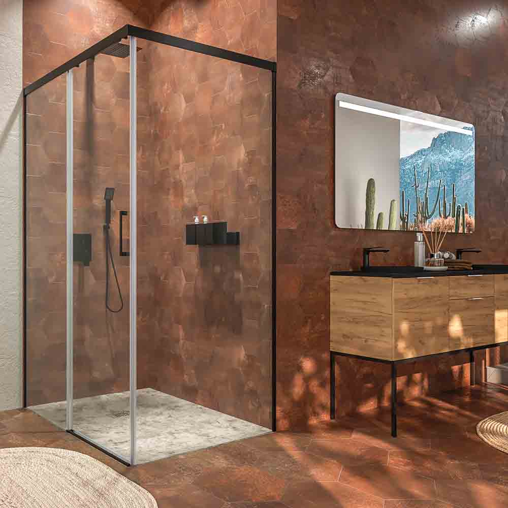 Mampara de ducha rectangular BASIC apertura frontal 1 fijo-1 puerta corredera + 1 fijo. Sin perfil inferior. Con tratamiento anti-cal .Acabado NEGRO MATE