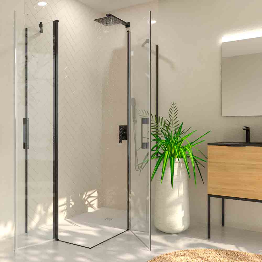 Mampara de ducha rectangular OPEN 2 fijos - 2 puertas abatibles a medida NEGRO MATE - Imagen 2