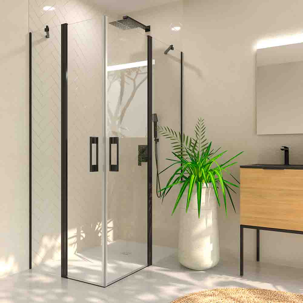 Mampara de ducha rectangular OPEN 2 fijos - 2 puertas abatibles a medida NEGRO MATE