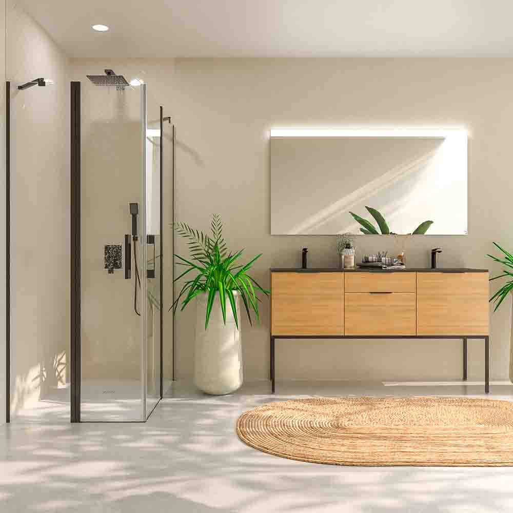 Mampara de ducha rectangular OPEN 2 fijos - 2 puertas abatibles a medida NEGRO MATE - Imagen 3