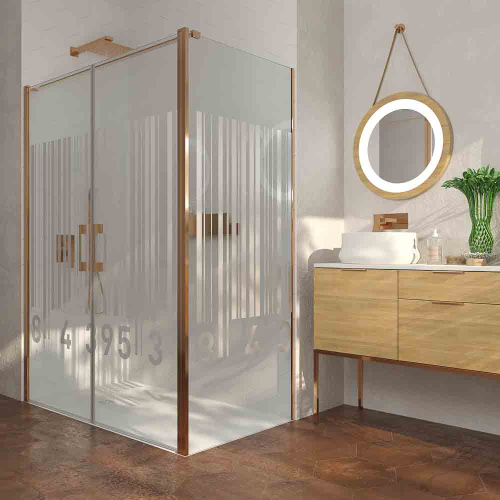 Mampara de ducha rectangular OPEN 1 fijo - 2 puertas abatible SERIGRAFIADA fabricada a medida. COBRE MATE - Imagen 7