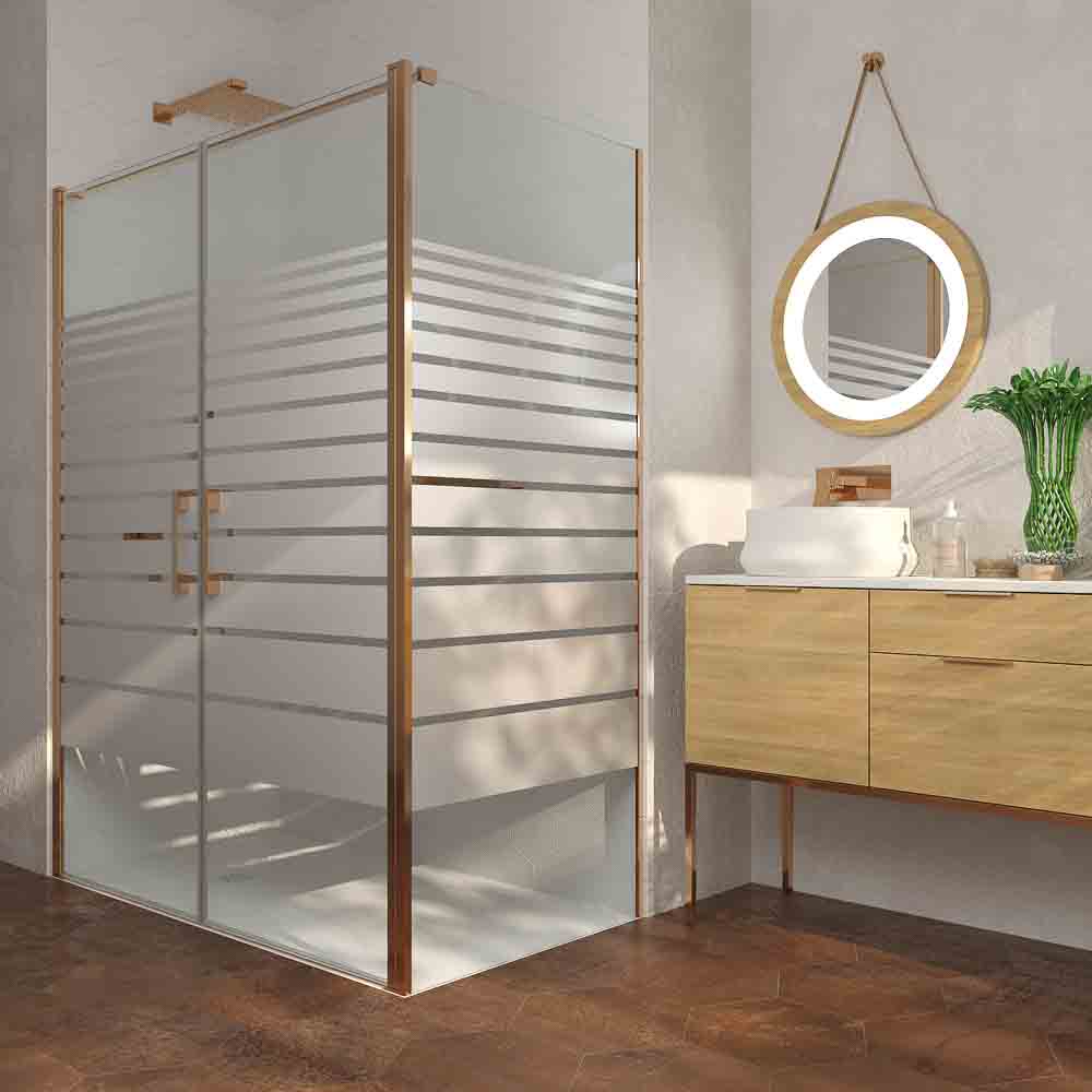 Mampara de ducha rectangular OPEN 1 fijo - 2 puertas abatible SERIGRAFIADA fabricada a medida. COBRE MATE - Imagen 6