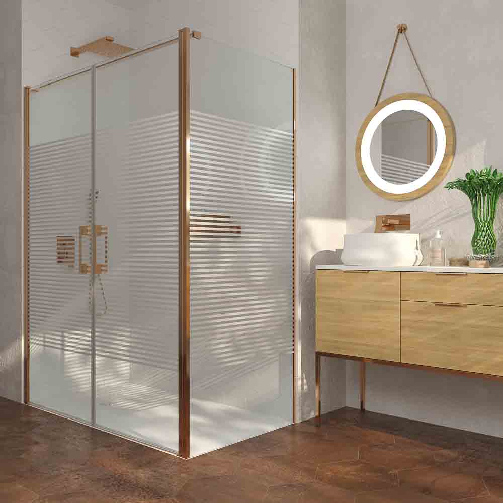 Mampara de ducha rectangular OPEN 1 fijo - 2 puertas abatible SERIGRAFIADA fabricada a medida. COBRE MATE - Imagen 4