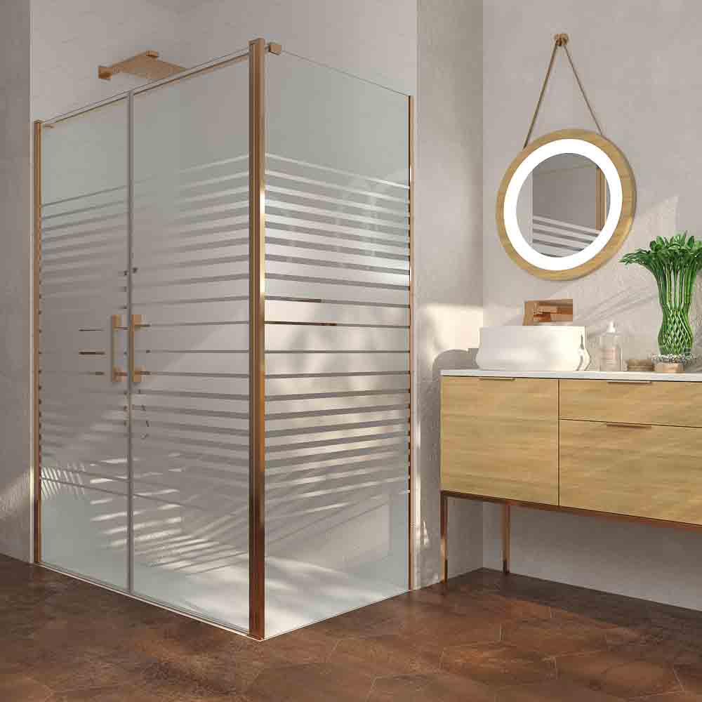 Mampara de ducha rectangular OPEN 1 fijo - 2 puertas abatible SERIGRAFIADA fabricada a medida. COBRE MATE - Imagen 2