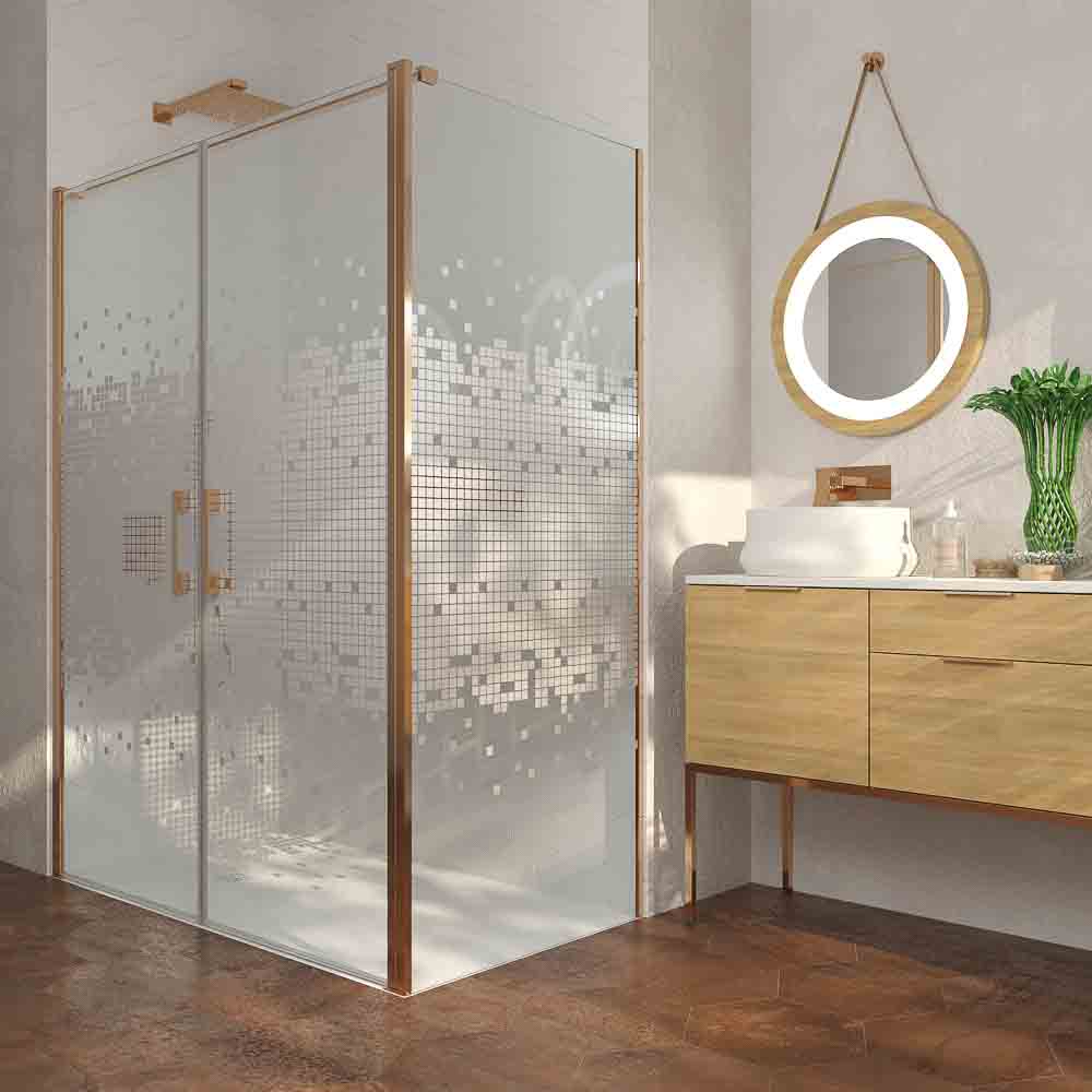 Mampara de ducha rectangular OPEN 1 fijo - 2 puertas abatible SERIGRAFIADA fabricada a medida. COBRE MATE