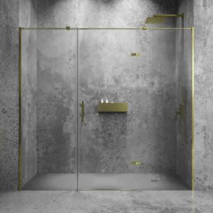 Mampara de ducha frontal SILEX  2 fijos - 1 puerta abatible fabricada a medida. Acabado ORO MATE