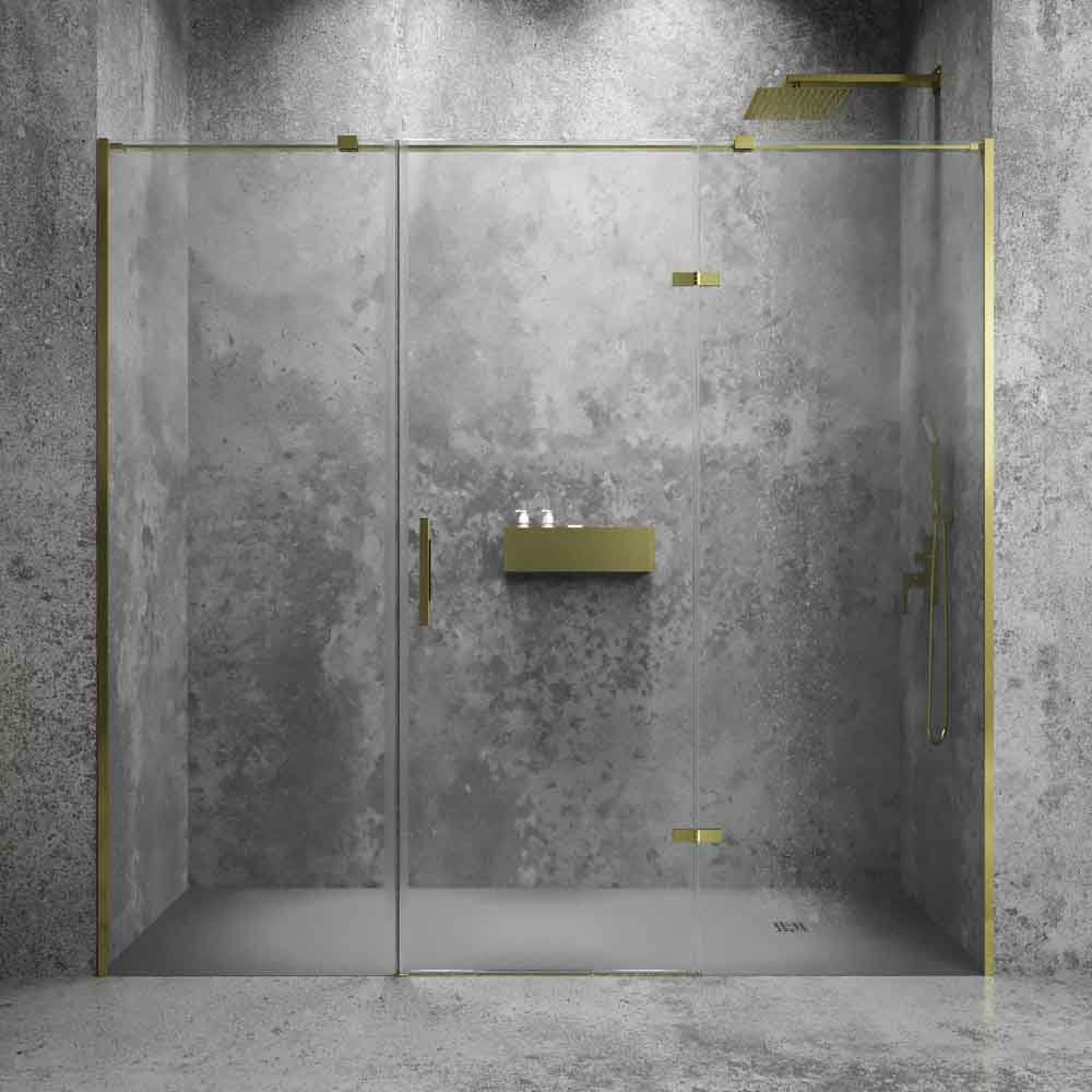 Mampara de ducha frontal SILEX 2 fijos - 1 puerta abatible fabricada a medida. Acabado ORO MATE