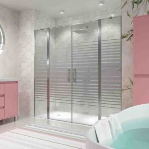 Mampara de ducha frontal OPEN 2 fijos - 2 puertas abatibles serigrafiada CROMO BRILLO