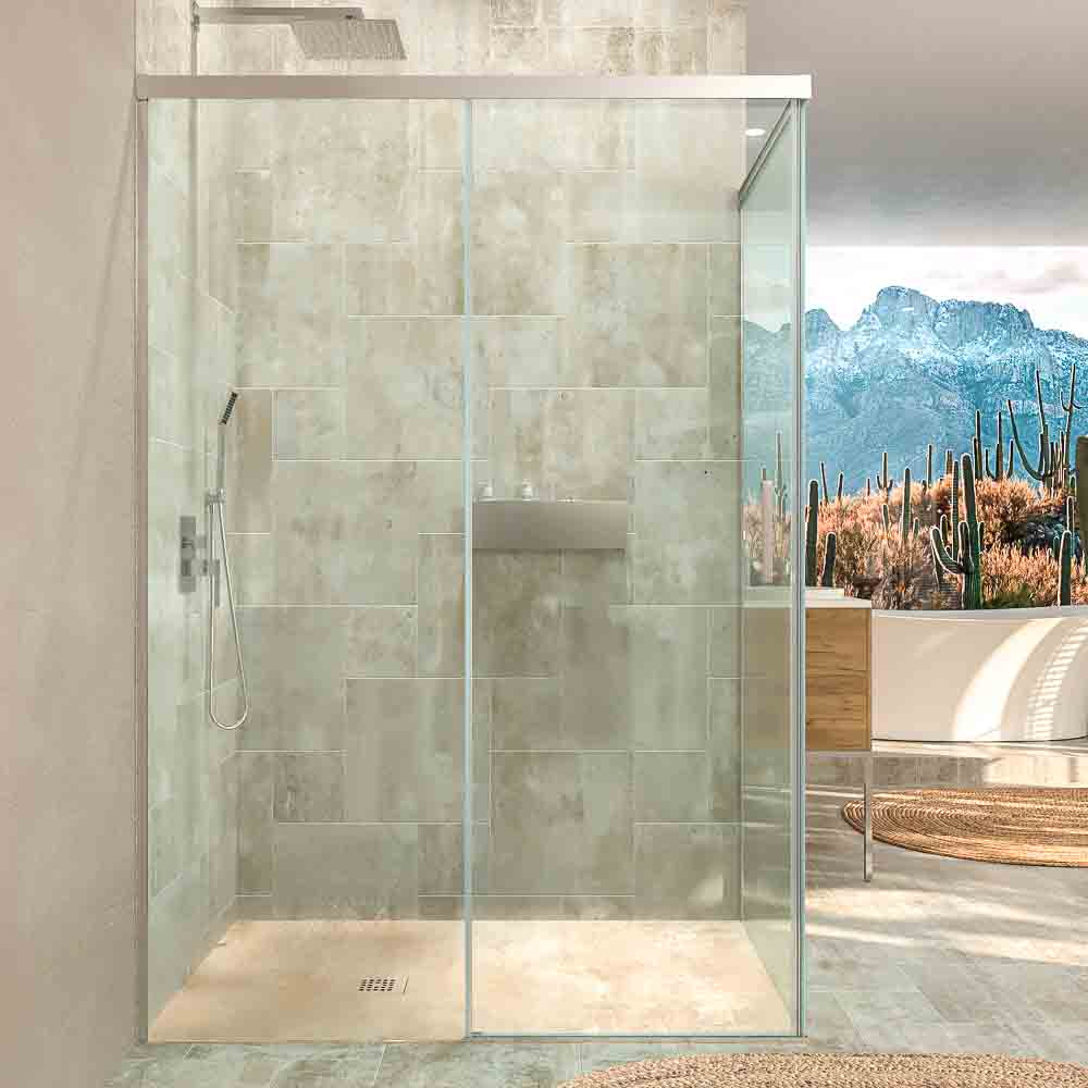 Mampara de ducha rectangular BASIC apertura frontal 1 fijo-1 puerta corredera+ 1 fijo . Sin perfil inferior. Con tratamiento anti-cal.Acabado CROMO BRILLO - Imagen 8