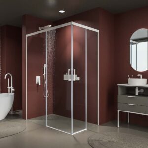 Mampara de ducha rectangular BASIC apertura angular 2 fijos-2 puertas correderas. Sin perfil inferior. Con tratamiento anti-cal.Acabado BLANCO MATE