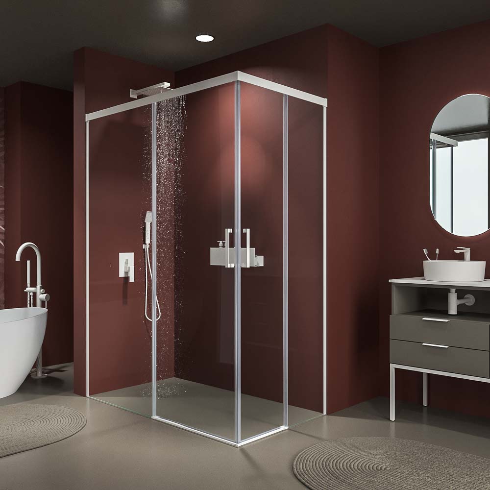 Mampara de ducha rectangular BASIC apertura angular 2 fijos-2 puertas correderas. Sin perfil inferior. Con tratamiento anti-cal.Acabado BLANCO MATE