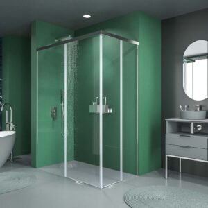 Mampara de ducha rectangular BASIC apertura angular 2 fijos-2 puertas correderas. Sin perfil inferior. Con tratamiento anti-cal.Acabado CROMO BRILLO