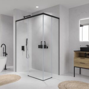 Mampara de ducha rectangular BASIC apertura angular 2 fijos-2 puertas correderas. Sin perfil inferior. Con tratamiento anti-cal.Acabado NEGRO MATE