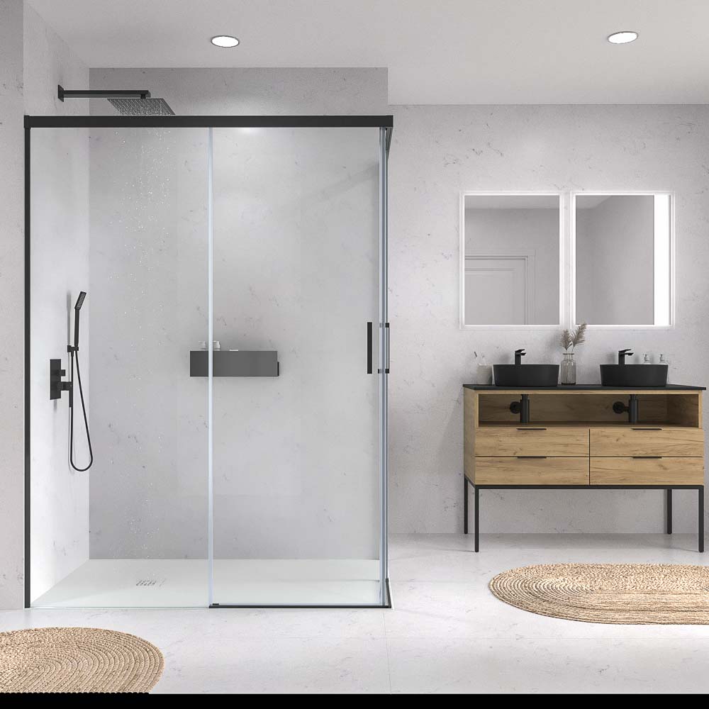 Mampara de ducha rectangular BASIC apertura angular 2 fijos-2 puertas correderas. Sin perfil inferior. Con tratamiento anti-cal.Acabado NEGRO MATE - Imagen 2
