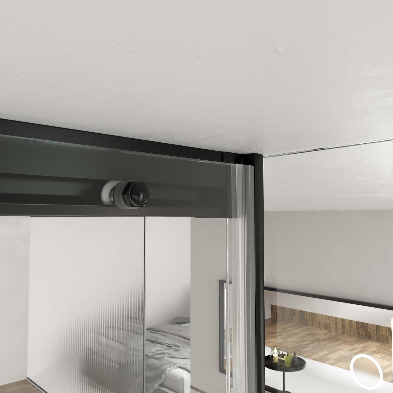 Mampara de ducha a techo TECH HIGH rectangular 1 fijo - 1 puerta corredera + 1 fijo vidrio 8 mm. ACERO INOXIDABLE acabado NEGRO MATE - Imagen 5