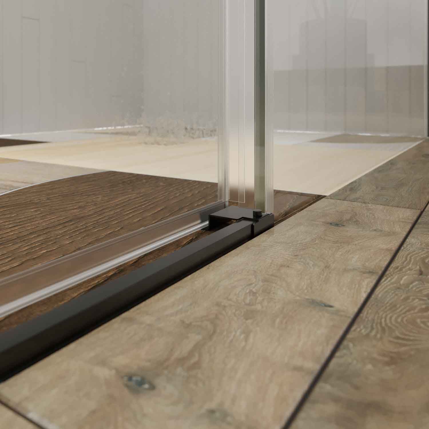 Mampara de ducha a techo TECH HIGH rectangular 1 fijo - 1 puerta corredera + 1 fijo vidrio 8 mm. ACERO INOXIDABLE acabado NEGRO MATE - Imagen 7