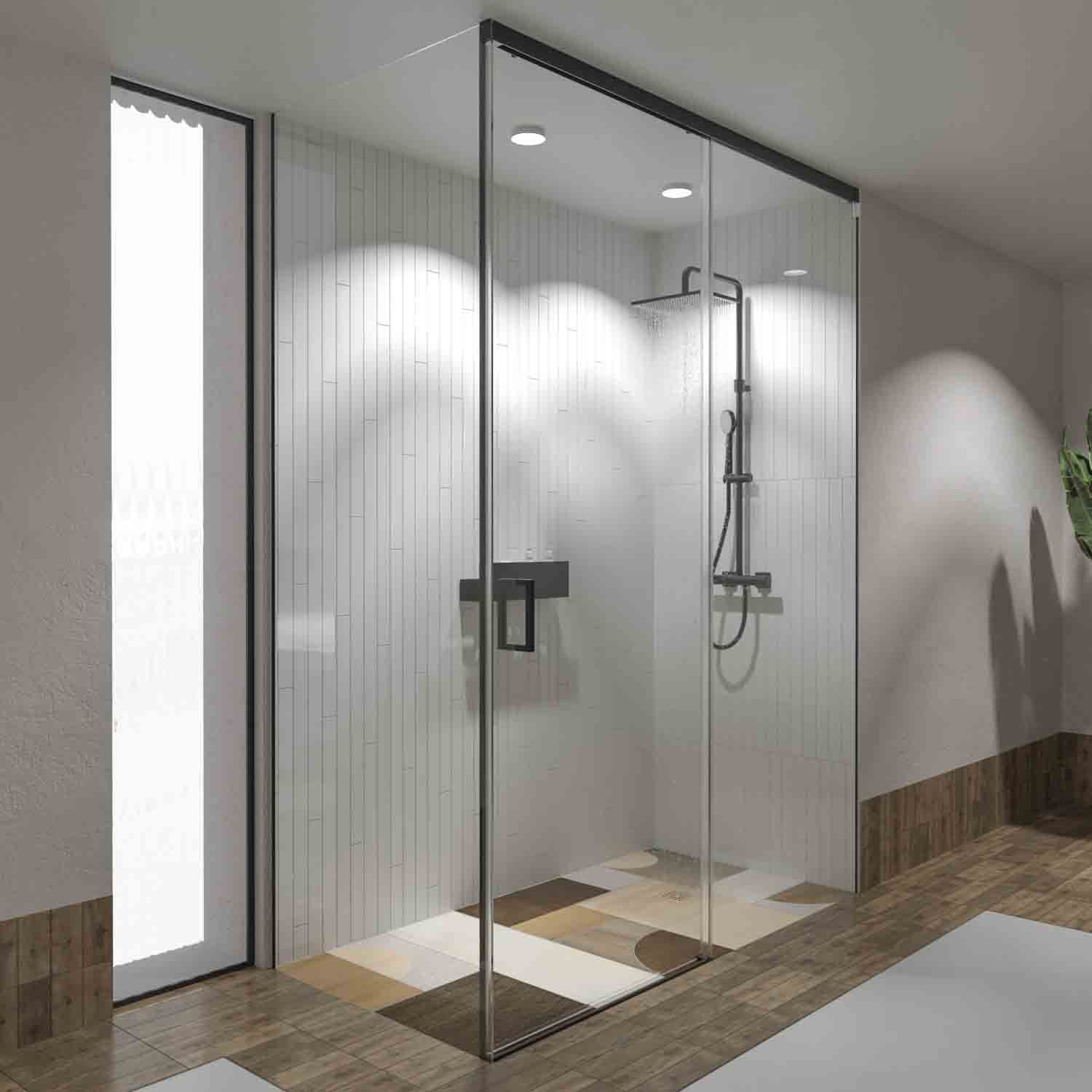 Mampara de ducha a techo TECH HIGH rectangular 1 fijo - 1 puerta corredera + 1 fijo vidrio 8 mm. ACERO INOXIDABLE acabado NEGRO MATE
