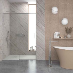 Mampara de ducha NEXO frontal 1 fijo - 1 puerta corredera perfil MINIMALISTA Cromo brillo