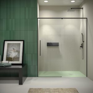 Mampara de ducha PETRA frontal 1 fijo - 1 puerta corredera vidrio 6 mm . Acero inoxidable NEGRO MATE