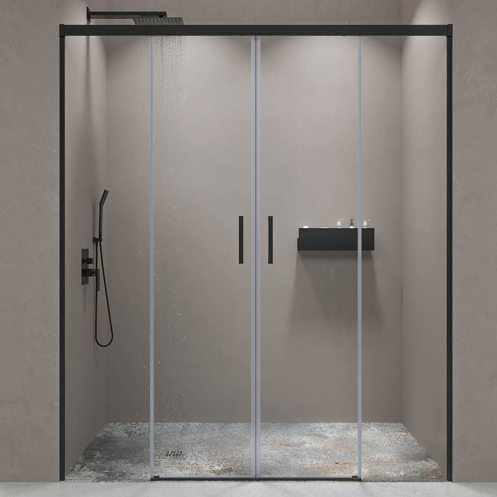 Mampara de ducha frontal BASIC 2 fijos -2 puertas correderas. Sin perfil inferior. Con tratamiento anti-cal . Acabado NEGRO MATE