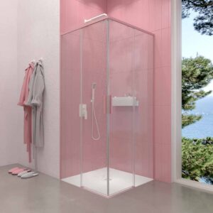 Mampara de ducha cuadrada NEXO apertura angular 2 fijos-2 puertas correderas Acabado ROSA PALO