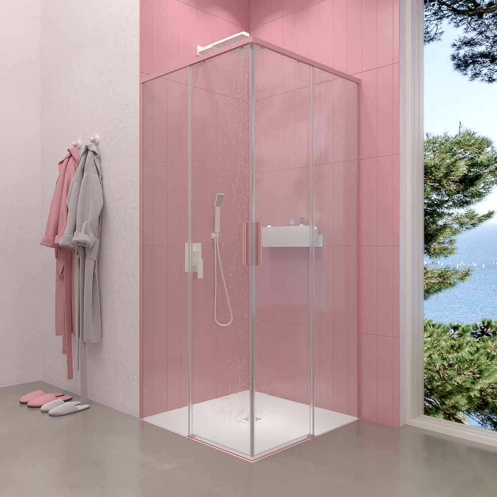 Mampara de ducha cuadrada NEXO apertura angular 2 fijos-2 puertas correderas Acabado ROSA PALO