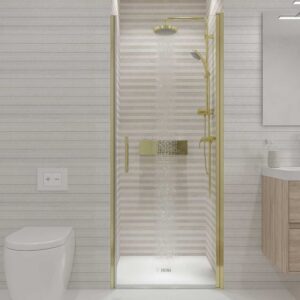 Mampara de ducha frontal OPEN 1 puerta abatible a medida. Acabado ORO MATE