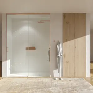 Mampara de ducha TECH HIGH frontal 1 fijo - 1 puerta corredera vidrio 8 mm. ORO ROSA