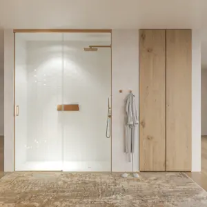 Mampara de ducha TECH HIGH frontal 1 fijo - 1 puerta corredera vidrio 8 mm. COBRE