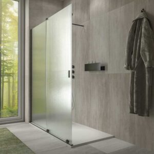 Mampara de ducha ANDREA frontal 1 fijo- 1 puerta corredera abierta VIDRIO ACANALADO rueda inferior . Acabado NEGRO MATE