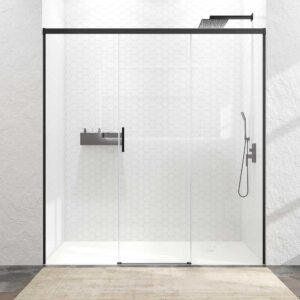 Mampara de ducha BASIC frontal 2 fijos - 1 puerta corredera central . NEGRO MATE