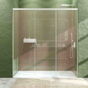 Mampara de ducha BASIC frontal 2 fijos - 1 puerta corredera central . BLANCO MATE