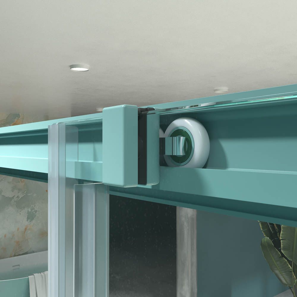 Mampara de ducha frontal LUCE 1 fijo -1 puerta corredera. Sin perfil inferior. Con tratamiento anti-cal . Acabado AZUL TURQUESA - Imagen 4