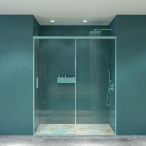 Mampara de ducha frontal LUCE 1 fijo -1 puerta corredera. Sin perfil inferior. Con tratamiento anti-cal . Acabado AZUL TURQUESA