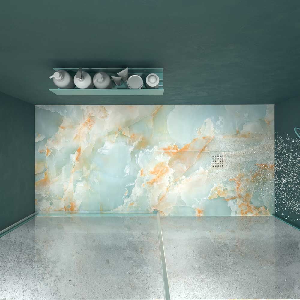 Mampara de ducha frontal LUCE 1 fijo -1 puerta corredera. Sin perfil inferior. Con tratamiento anti-cal . Acabado AZUL TURQUESA - Imagen 6