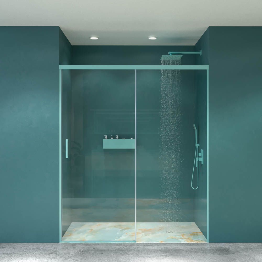 Mampara de ducha frontal LUCE 1 fijo -1 puerta corredera. Sin perfil inferior. Con tratamiento anti-cal . Acabado AZUL TURQUESA