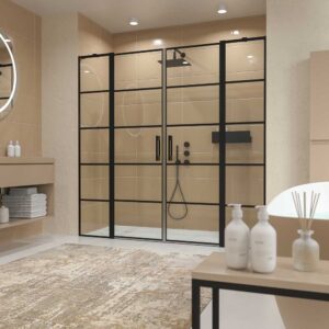 Mampara de ducha frontal OPEN 2 fijos - 2 puertas abatibles decorado industrial . NEGRO MATE