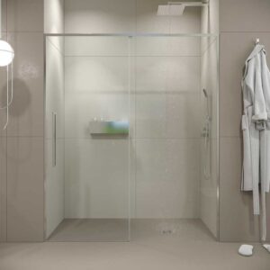 Mampara de ducha PETRA frontal 1 fijo - 1 puerta corredera vidrio 6 mm . Acero inoxidable