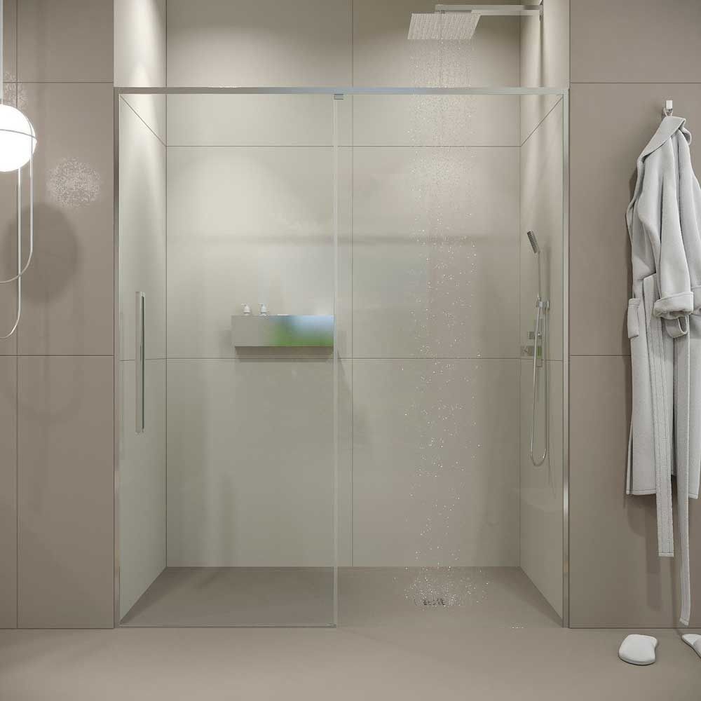 Mampara de ducha PETRA frontal 1 fijo - 1 puerta corredera vidrio 6 mm . Acero inoxidable