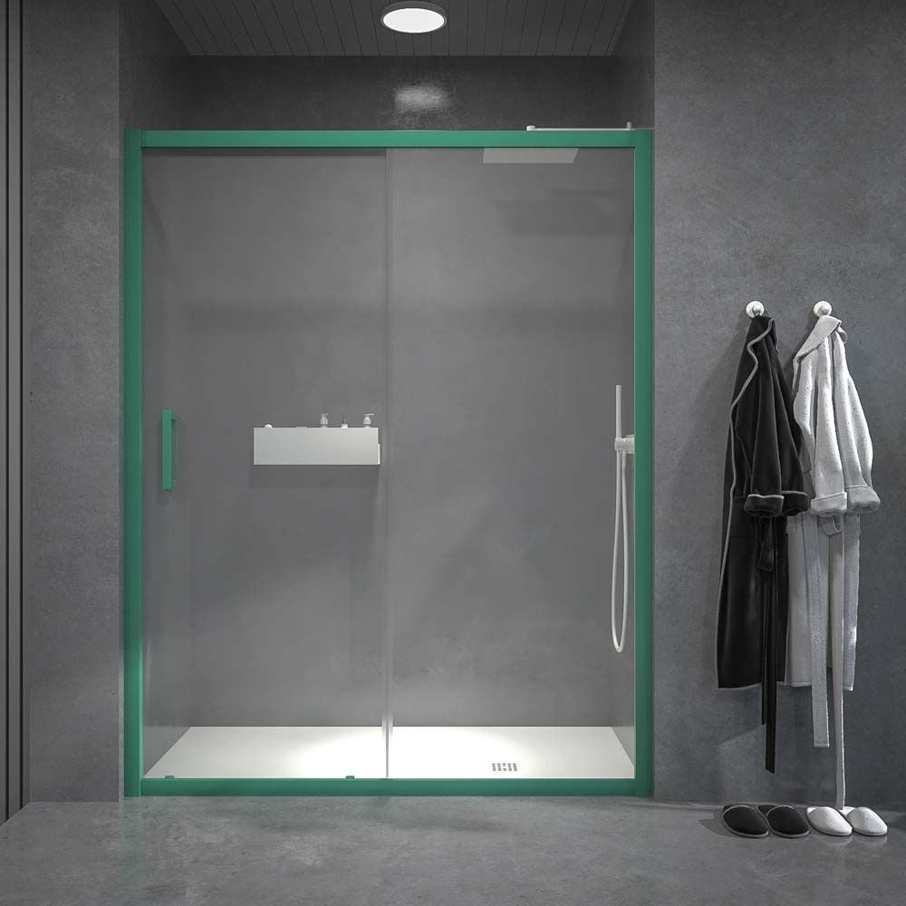Mampara de ducha frontal NORMA 1 fijo -1 puerta corredera. Acabado VERDE PATINA