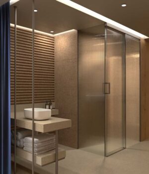 Mampara de ducha a techo TECH HIGH rectangular 1 fijo - 1 puerta corredera + 1 fijo vidrio 8 mm ACANALADO  acabado GRIS BEIGE